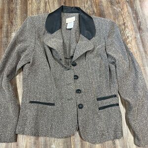 Grey and black vintage tweed blazer with black faux leather trim
